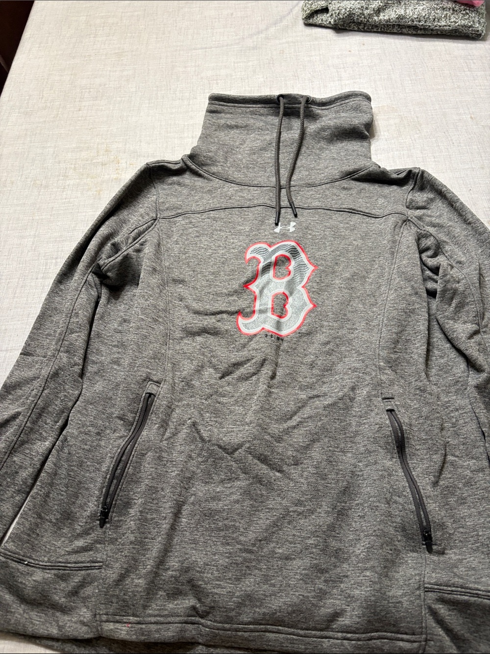 Under Armour Gray Turtleneck Sweater with Red-Outlined Boston B Logo
